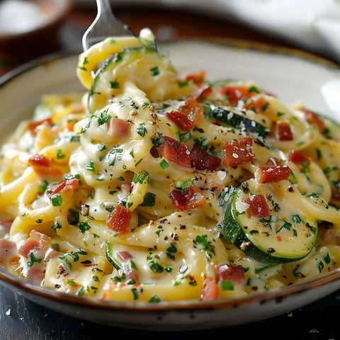 A bowl of pasta with bacon and zucchini.