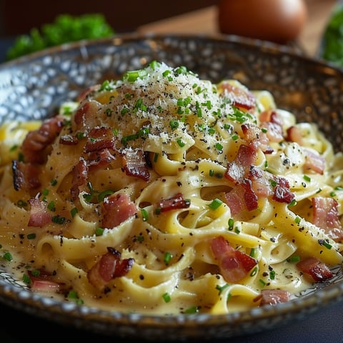 A bowl of pasta with bacon and cheese.