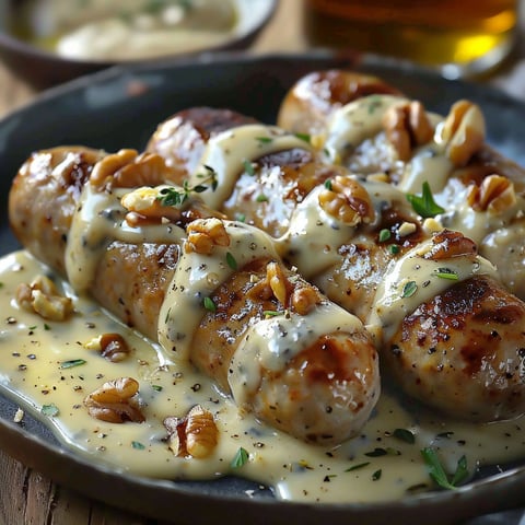 A plate of sausages covered in a white sauce.
