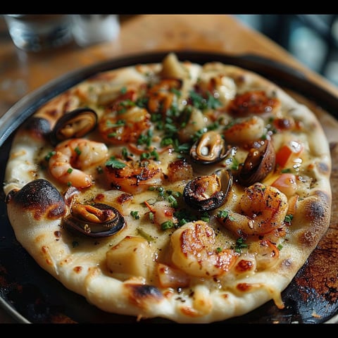 A pizza with shrimp and other seafood toppings.