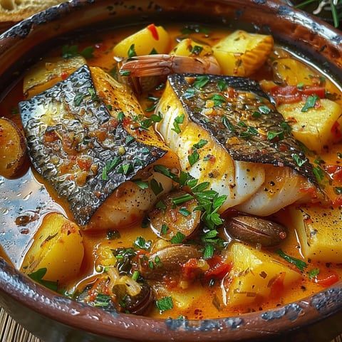 A bowl of fish soup with a spoon in it.