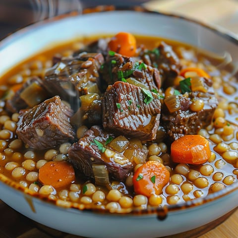A bowl of beef stew with carrots.