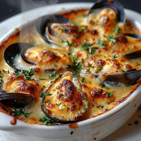A dish of gratin moules crème fromage.