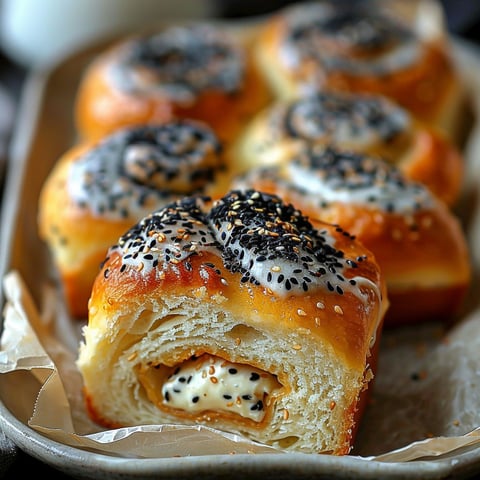A tray of bread with sesame seeds on top.