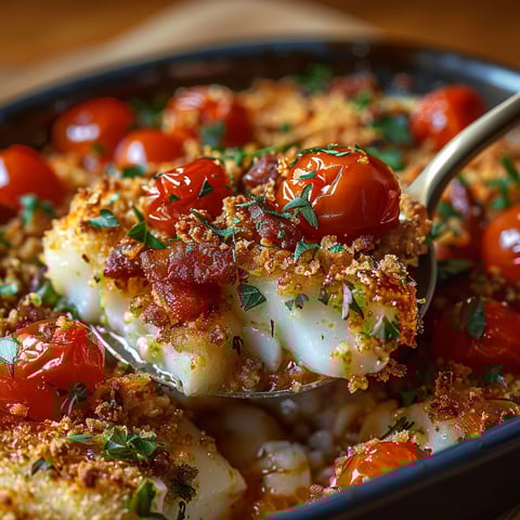 A bowl of food with tomatoes and cheese.