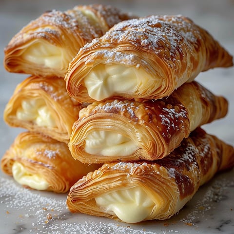 A stack of pastry with cream on top.