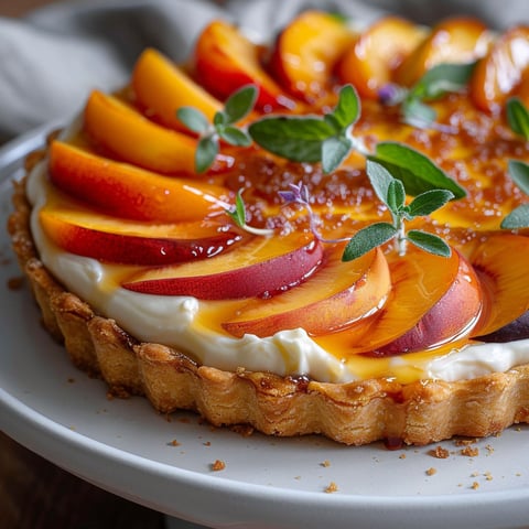 A slice of tarte mascarpone pêche vanille.