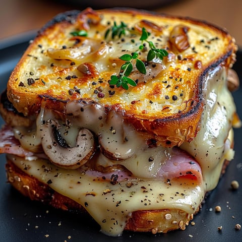 A close up of a croque-monsieur gourmand with mushrooms.