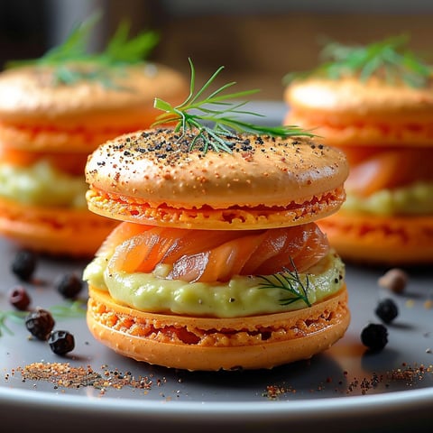 Macarons with salmon, avocado and lemon.