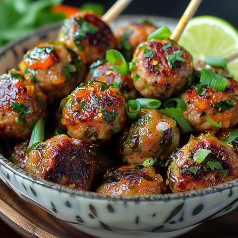 A bowl of meatballs with a stick in them.
