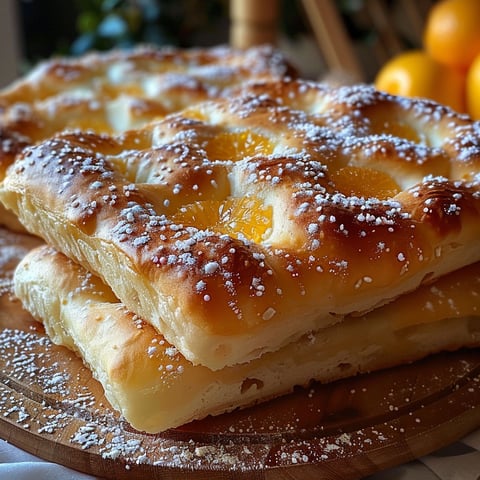 A stack of pastries with a dusting of powdered sugar and a sprinkle of orange zest.