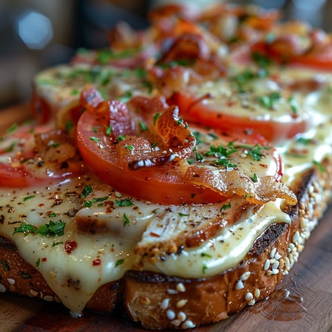 A slice of pizza with tomatoes and bacon.