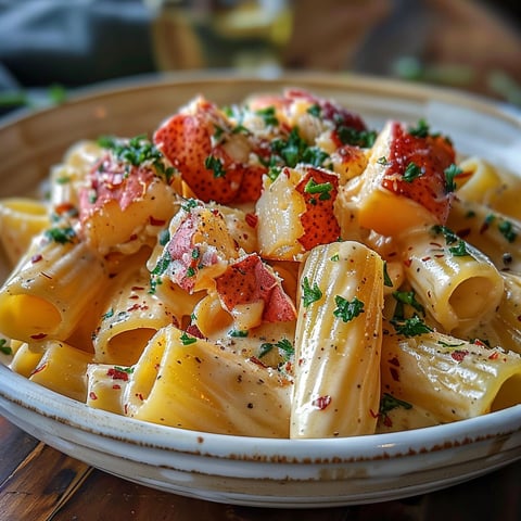 A bowl of rigatoni pasta with a homard sauce and parmesan cheese.