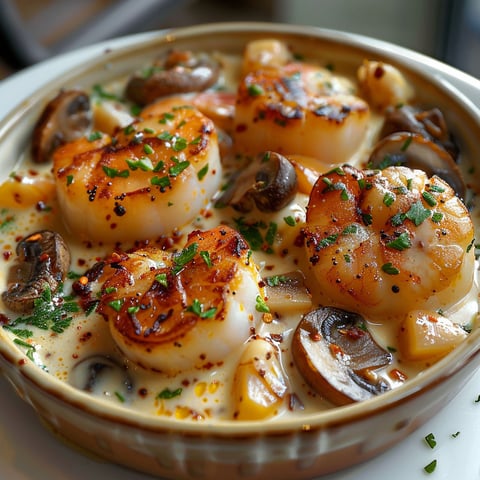 A bowl of food with shrimp and mushrooms.