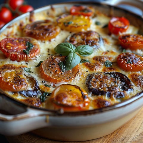 A dish of gratin aubergines tomates béchamel.