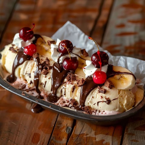 A banana split with chocolate and cherries.