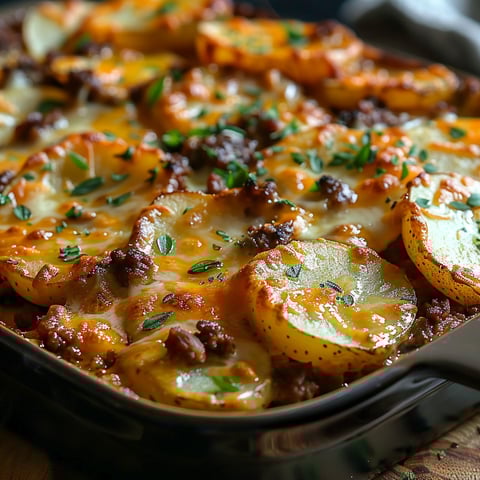 A dish of food with the name Gratin de Pommes de Terre et Bœuf Haché.