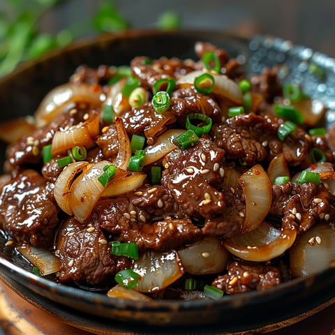 A bowl of beef sautéed with onions.