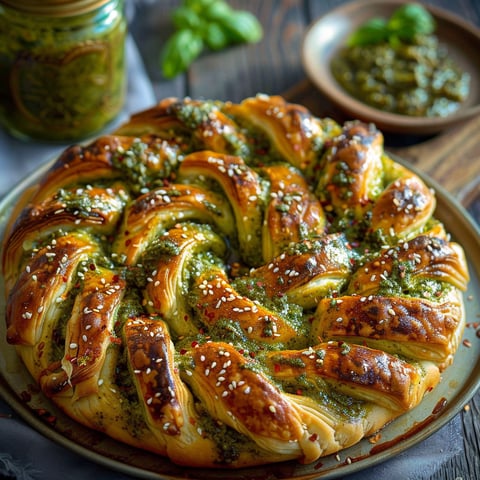 A pesto-covered pizza on a plate.
