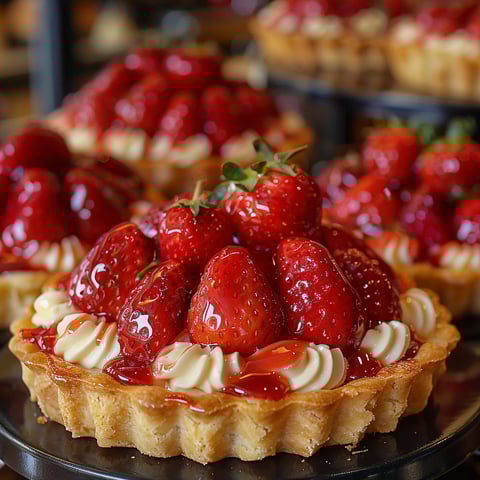 A close up of a strawberry and whipped cream dessert.