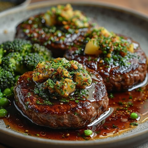 Hamburger steak with gremolata and broccoli.