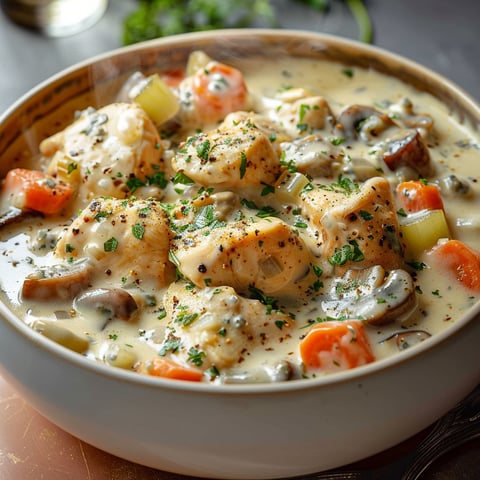 A bowl of food with chicken and mushrooms.