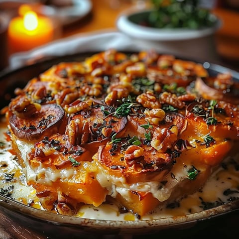 A dish of gratin de patate douce, chèvre et noix.