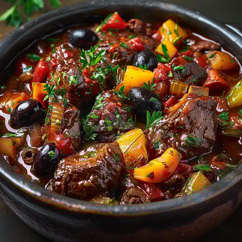 A bowl of beef stew with olives and tomatoes.