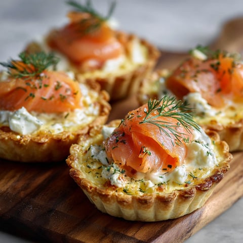 Three small tarts with salmon and cheese.