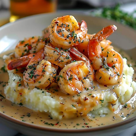 A plate of shrimp with a creamy sauce.