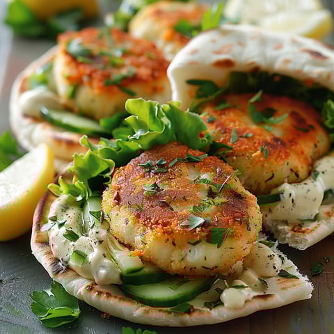 A pita sandwich with fish cakes and vegetables.