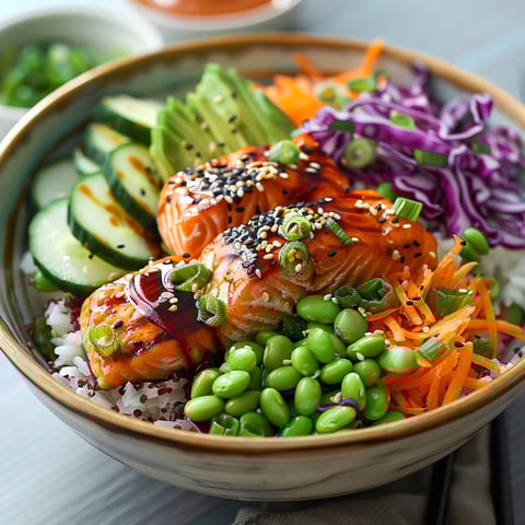 A bowl of food with salmon, avocado, and carrots.