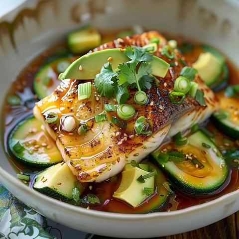 A bowl of fish with vegetables.
