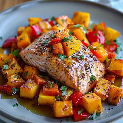 A plate of food with a piece of fish and vegetables.