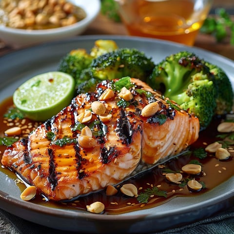A plate of grilled salmon with broccoli and lime.