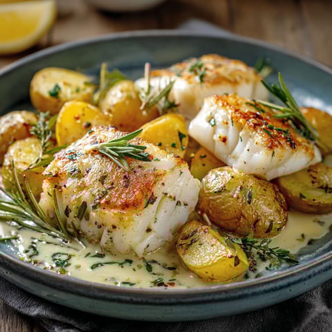 A plate of cooked fish with potatoes and herbs.