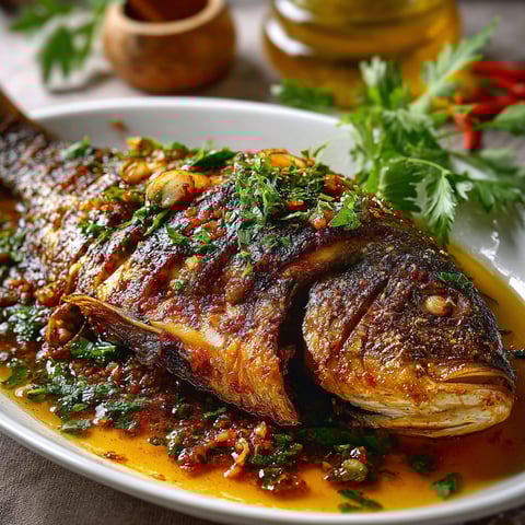 A poisson braisé à la camerounaise is served on a plate.