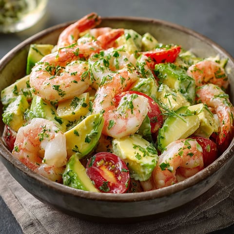 A bowl of shrimp salad with avocado and creme.