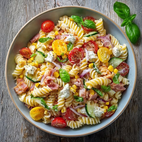 A bowl of pasta salad with tomatoes, cucumbers, and cheese.