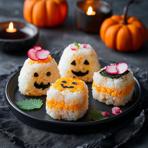 A plate of rice with a pumpkin face on it.