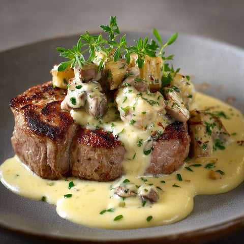 A plate of food with a filet mignon and mushrooms.