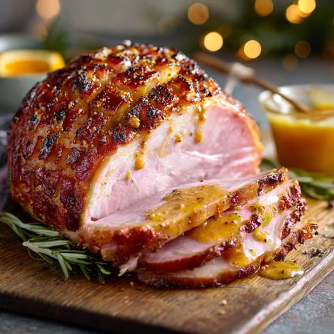 A sliced ham with mustard and honey on it.