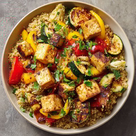 A bowl of quinoa, tofu, and vegetables.