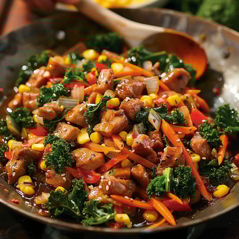 A bowl of food with meat, broccoli, and corn.