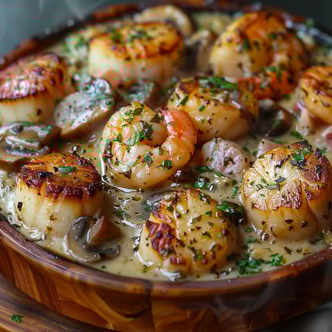 A dish of seafood with mushrooms and herbs.