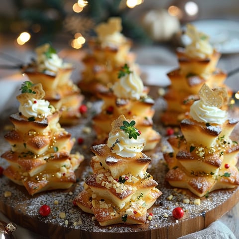 A plate of miniature Christmas trees with whipped cream and herbs on top.