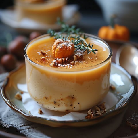 A bowl of panna cotta with a spoon in it.