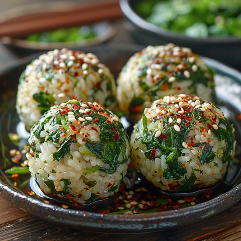A bowl of rice balls with sesame seeds and spinach.