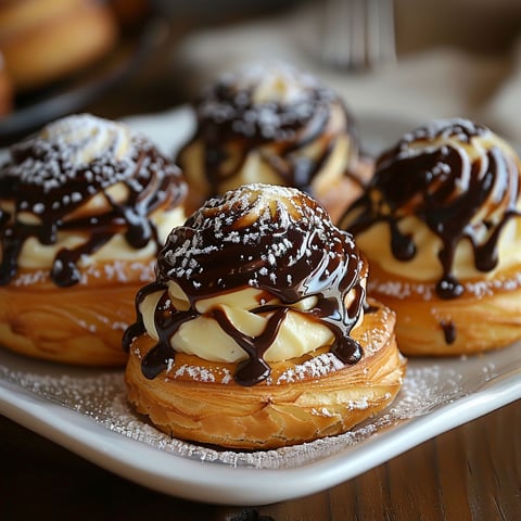 Choux fourrés à la crème anglaise et nappés de chocolat.