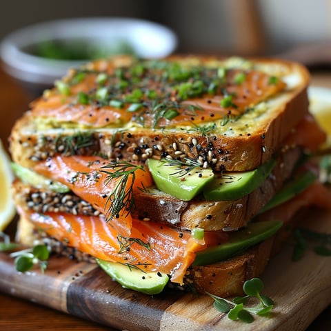 A stack of toast with smoked salmon and avocado.